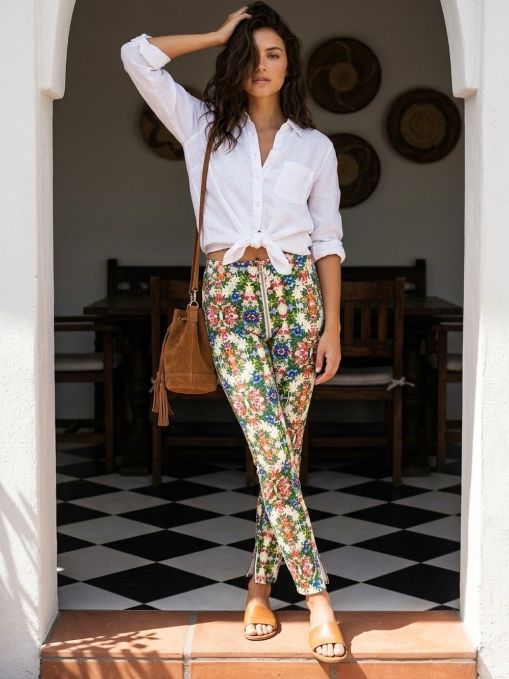 Now & Then Floral Colorful Art Beach Boho Vacation Stretch Womens Pants Sz Small